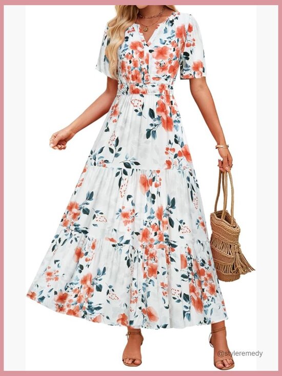Floral Boho Maxi Dress Casual Short Sleeve V Neck A Line Flowy